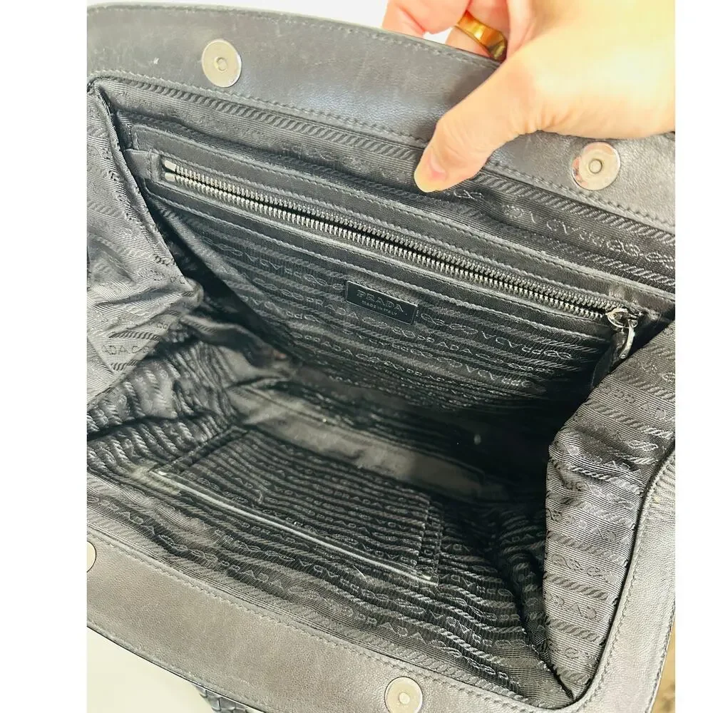 Prada Vintage 90s Black Nylon & Leather Buckle Braided Handle Purse - Picture 8 of 16